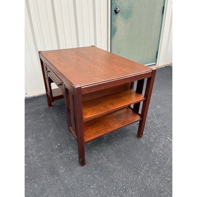 Early 1900s Limberts Quartersawn Oak Arts & Crafts Desk With Side Bookshelves For Sale - Image 11 of 12