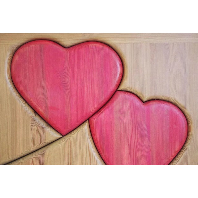Handcrafted pine wood painting with red hearts from the 1990s.