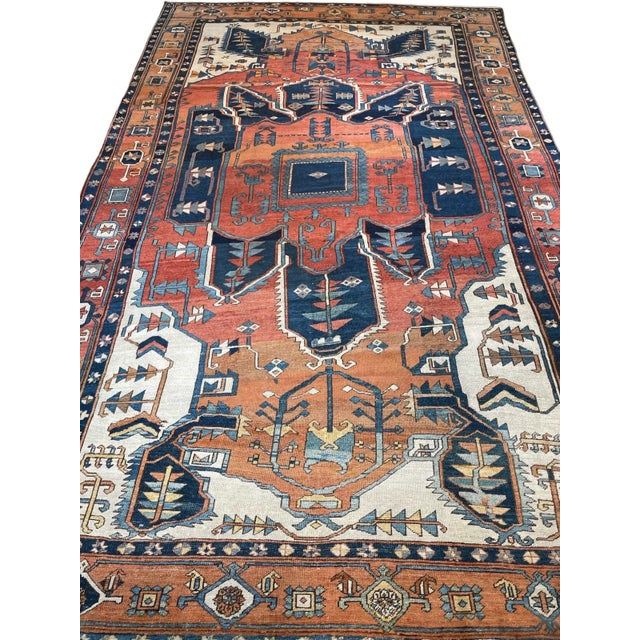 Antique Persian Serapi Diamond Textile in Terracotta, Sunset-clay & Indigo - 9.8 X 16 For Sale - Image 9 of 12