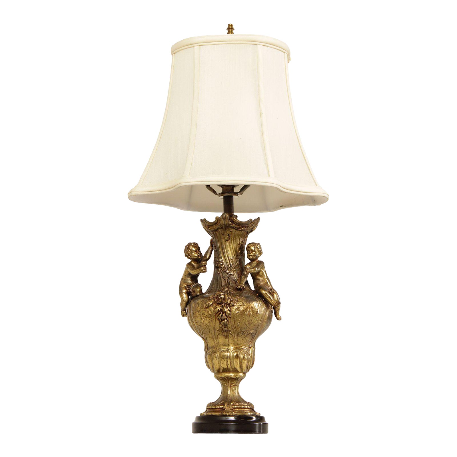 French Rococo Style Gilt Putti Table Lamp with Silk Shade | Chairish
