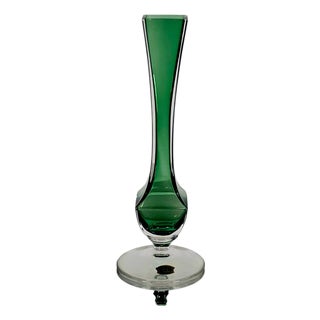 Signed Val Saint Lambert Emerald Green Cased Crystal Fluted Vase, Belgium 9.5" For Sale