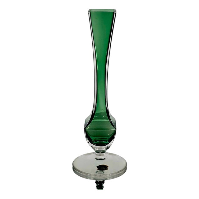 Signed Val Saint Lambert Emerald Green Cased Crystal Fluted Vase, Belgium 9.5" For Sale