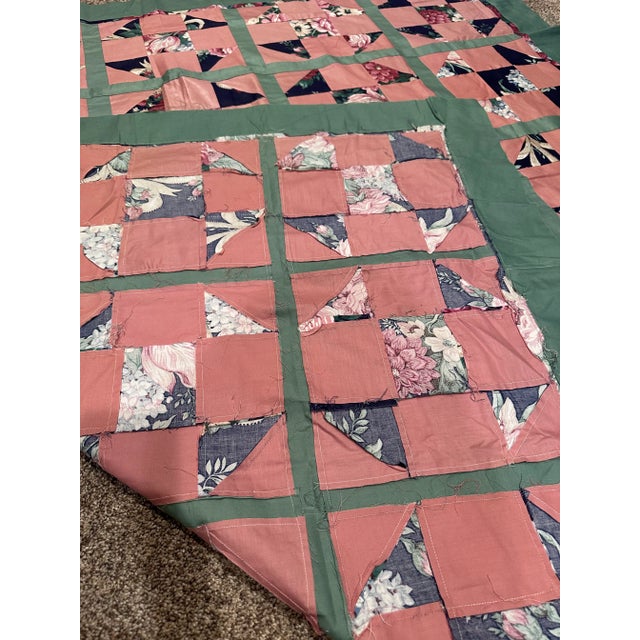 Vintage Mid 20th Century Cotton Sateen Polyester Throw Size Quilt Top For Sale - Image 10 of 11