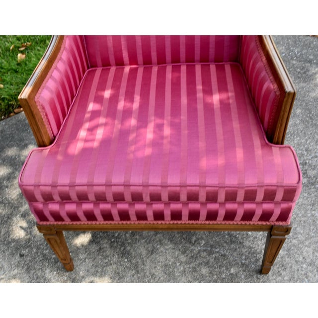 Bergere Armchair Hollywood Regency Style Pink Magenta Striped Satin Accent Chair For Sale In Philadelphia - Image 6 of 14