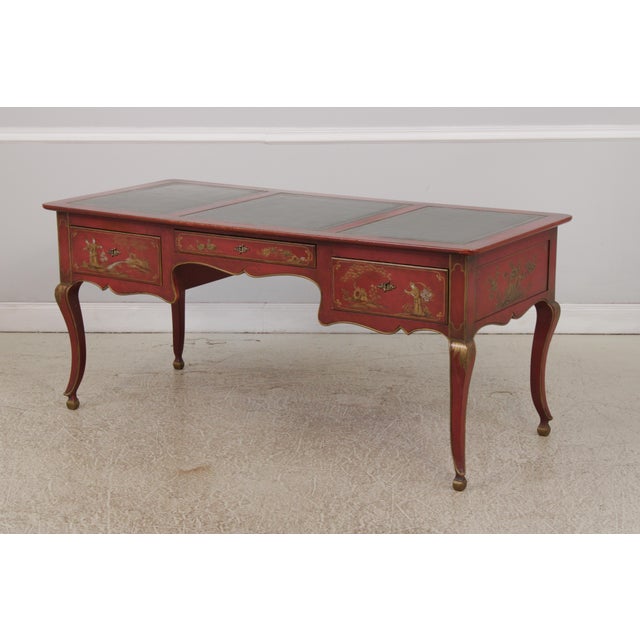 Chinoiserie Baker 3 Drawer Chinoiserie Style Leather Top Desk Bureau Plat For Sale - Image 3 of 17