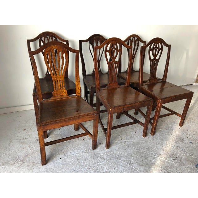 18th century, c. 1790 Georgian English Oak Country Plank Chairs mix-matched Set of 6.