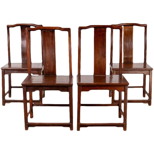 Early 20th Century Chinese Elmwood Dark Patina Scholar's Ceremonial Side Chairs - Set of 4 For Sale
