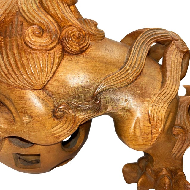 Mid 20th Century Chinese Export Carved Wood Guardian Foo Dog Statue, Pair For Sale - Image 11 of 14