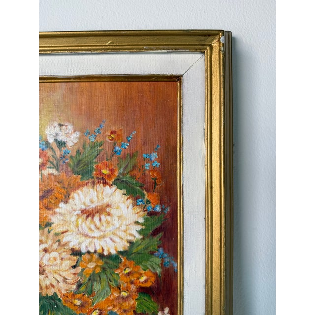 Orange 1980s Vintage J. Romero Floral Still Life Oil on Artist Board Painting, Gold Wood Framed For Sale - Image 8 of 13