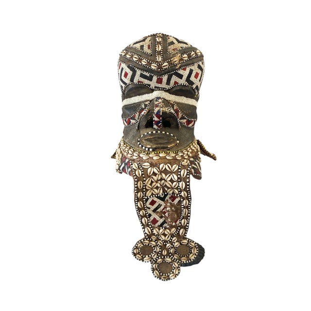 Vintage Large African Tribal Beaded Kuba Royal Head Mask/Helmet Sculpture Congo 11" H For Sale - Image 12 of 12