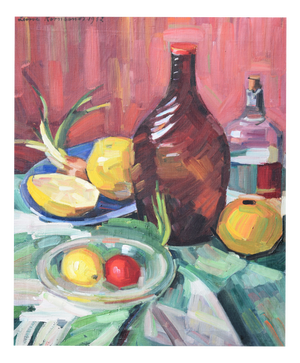 Luise Kornsand, Still Life with Fruits and Bottles, 1942, Oil Painting on Canvas, Framed