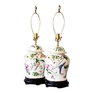 Vintage Pair of Porcelain Bird and Flower Ginger Jar Lamps by Scully & Scully For Sale