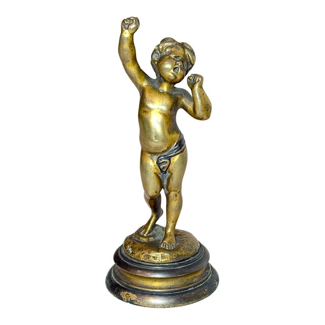 Antique Patinated Gilt Bronze Baby Boy Cupid Yawning Sculpture Statue Figure For Sale