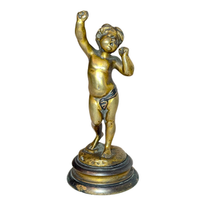 Antique Patinated Gilt Bronze Baby Boy Cupid Yawning Sculpture Statue Figure