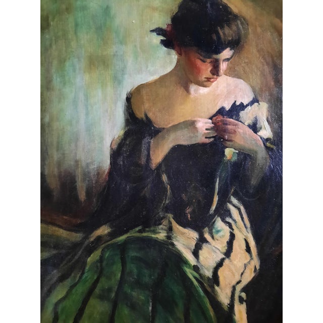 Oil Portrait of Woman in Green and Black, After John White Alexander For Sale - Image 4 of 7