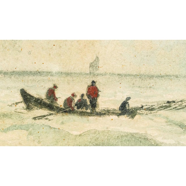 Lovely Large Gold Gilt Frame Antique Victorian Maritime Watercolor Painting Fishing Sailboat Ocean Wall Home Decor Nautical Art For Sale - Image 9 of 18