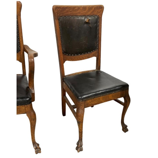 Early 1900’s Stomps-Burkhardt Co, American Edwardian-Era /Tiger Oak / Leather Upholstery Dinning Chair Set of 6 For Sale - Image 4 of 12