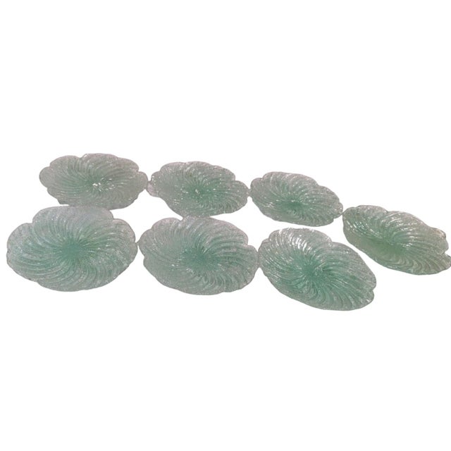 Mid 20th Century Murano "Fratelli Toso" Sea Foam Green Glass 7 Salad Plates and 5 Petal Shaped Fruit Bowls For Sale - Image 5 of 5