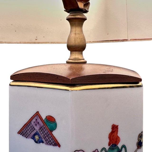 Vintage Chinese Porcelain Hexagonal Lamp With Famille Rose Motifs and Wood Accents For Sale - Image 11 of 11