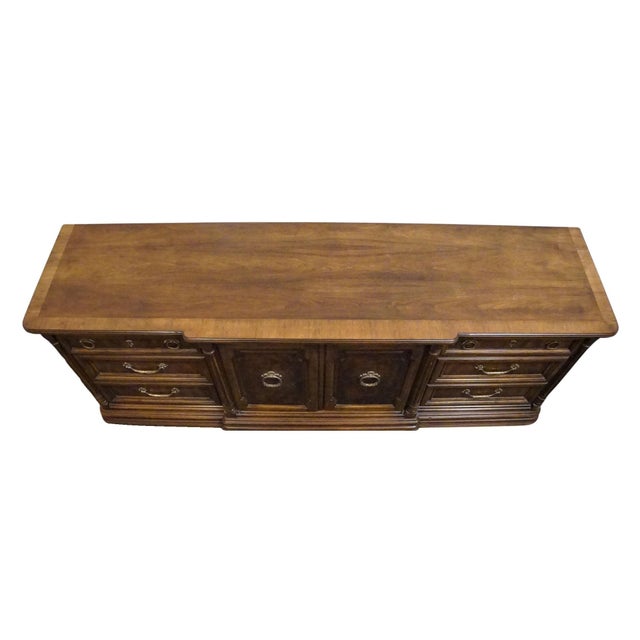 Late 20th Century Drexel Heritage Cameo Collection Burled Walnut Italian Neoclassical Tuscan Style 78" Triple Door Dresser 002-132 For Sale - Image 5 of 17