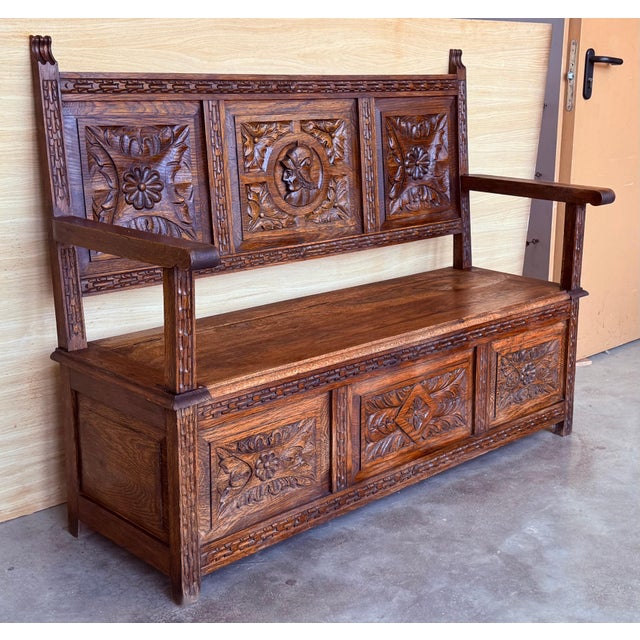 19th Spanish Carved Large Hall Bench with Storage For Sale - Image 18 of 18