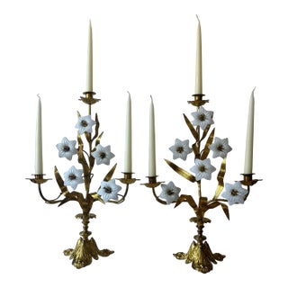 Antique 19th Century French Gilt Brass & Opaline Glass Flower Candelabras- Set of 2 For Sale