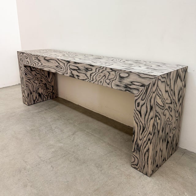 Wood Vintage 1980s Postmodern Memphis Charcoal Burl Wood Console Table For Sale - Image 7 of 11