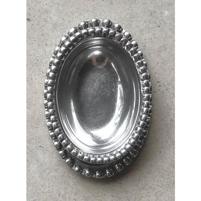 Mexican Circa 1980 Beaded Rim Byzantine-Inspired Mexican Pewter Oval Bowl & Underplate Set For Sale - Image 3 of 18