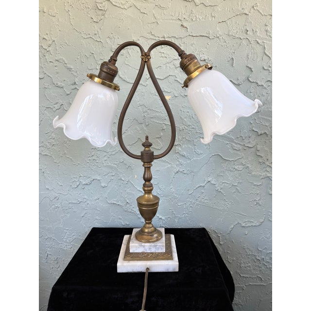 Neoclassical Antique Neoclassical Brass Double Arm Table Lamp With Opaline Glass Shades and Marble Base, C. 1920s For Sale - Image 3 of 12