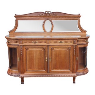 Antique Walnut French Louis XVI Style Dining Room Sideboard Cabinet With Mirrored Backsplash & Curved Glass Doors C1910 For Sale