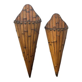 Vintage Pair of Graduated Bamboo Wall Pockets For Sale