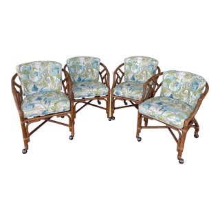 1980s Vintage Coastal Chippendale Style Rattan Barrel Rolling Dining Chairs - Set of 4 For Sale