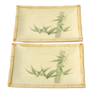 1990s Miya Japan Porcelain Sushi Serving Plates Trays Green Beige Bamboo Décor- a Pair For Sale
