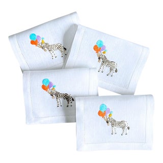 Hand Embroidered Party Zebra Fold-Over Cocktail Napkins, Set of 4 in Gift Box For Sale