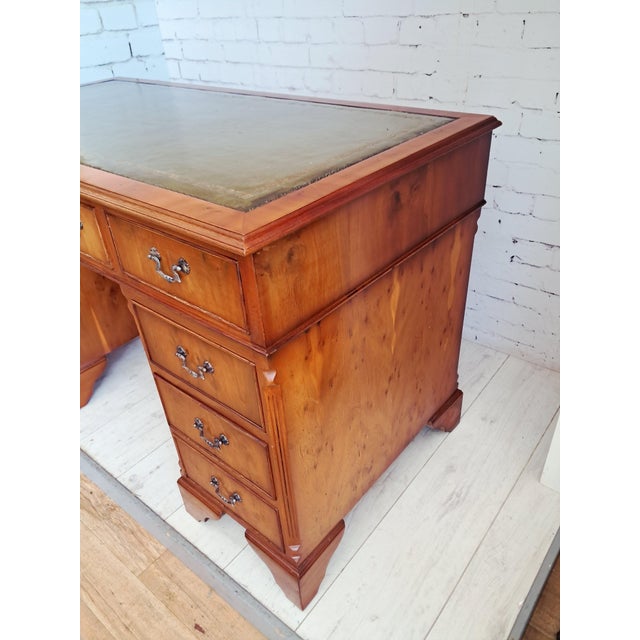 Antique Twin Pedestal Desk in Yew Wood with Leather Top, 1980s For Sale - Image 11 of 18