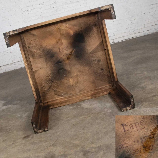 Vintage Modern Square Lane End or Side Table With Carved Leg Design & Chevron Veneer Top For Sale - Image 11 of 13