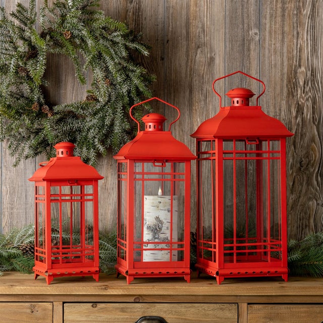 Modern Traditional Red Metal Lantern (Set of 3) For Sale - Image 3 of 9