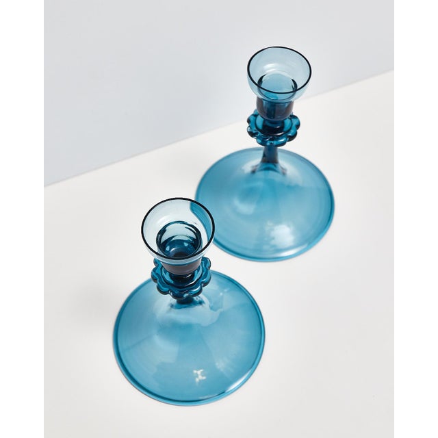 Mid Century Blue Glass Orrefors Swedish Candlestick Pair For Sale - Image 9 of 15