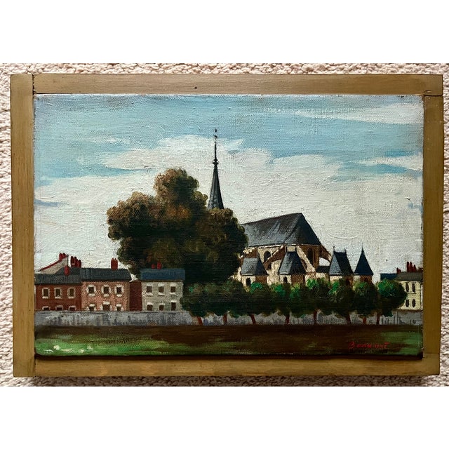 Textile 1950's Framed Oil Landscape-Nemours, France-Signed For Sale - Image 7 of 7