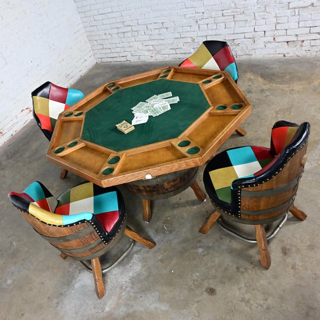 Late 20th Century Rustic Oak Whiskey Barrel Poker Table & 4 Swivel
