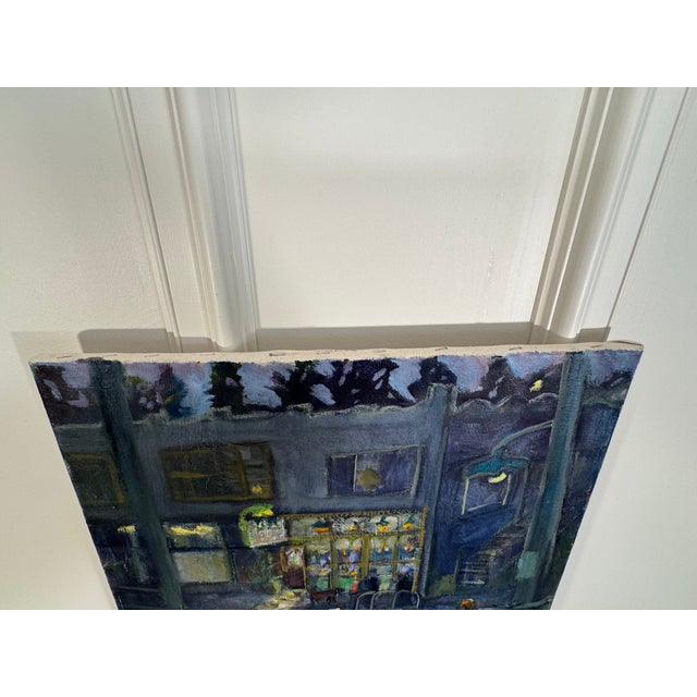 Vintage Expressionism European Cityscape Still Life Oil Painting on Canvas, Blue, Lavender, Lime Green For Sale - Image 13 of 14