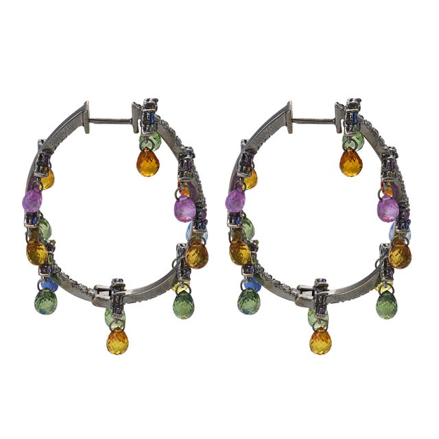2010s Contemporary Diamond Multicolored Stone 18k White Gold Hoop Earrings, Pair For Sale - Image 5 of 5