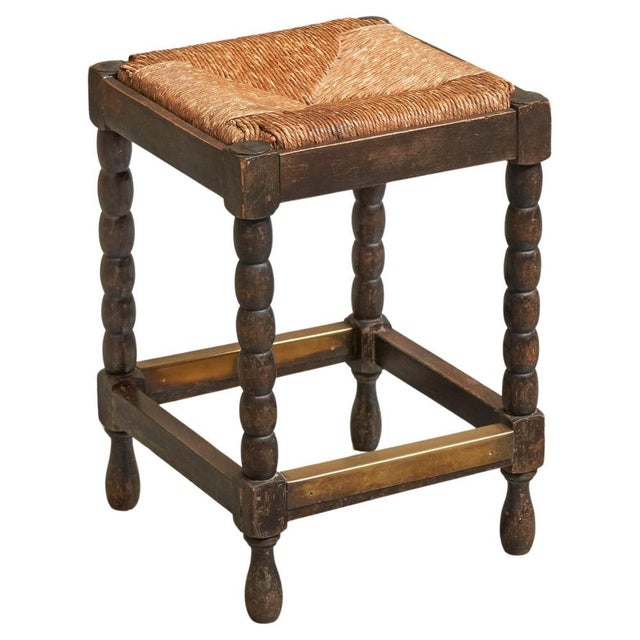 Vintage Stool in Oak and Brass, 1920s For Sale - Image 10 of 10