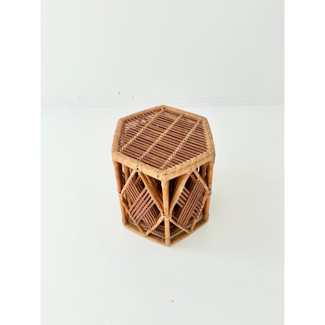 Wood Hexagonal Rattan Stools in Geometric, Woven Lattice Design, 1970s, Set of 4 For Sale - Image 7 of 12