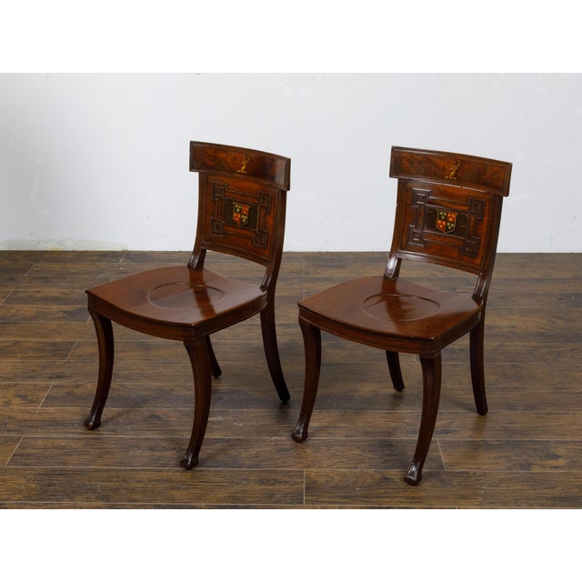 19th Century Pair of English Regency Mahogany Hall Chairs with Painted Coat of Arms For Sale - Image 5 of 12