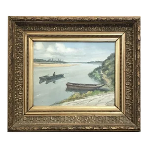 French Signed Watercolor Painting of a Fishing Scene on a River