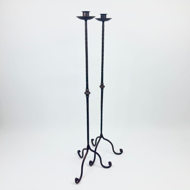 Hand Forged Iron Candelabra Pair (105cm) Antique Copper Hammered Stem with Socket and Drip Plate For Sale - Image 6 of 7