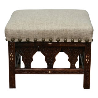 Antique Moroccan Hand-Carved Stool with Custom Linen Upholstery, Circa 1900 For Sale