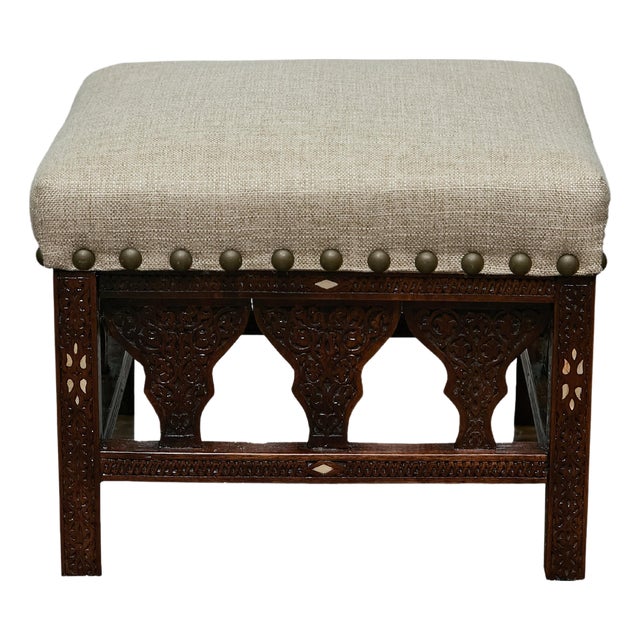 Antique Moroccan Hand-Carved Stool with Custom Linen Upholstery, Circa 1900 For Sale