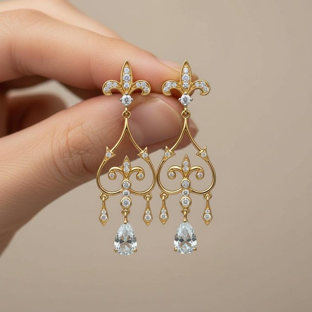 Fleur De Lis Chandelier Earrings Studs With Pear Moissanites in Silver, Gold, A Pair For Sale - Image 4 of 6
